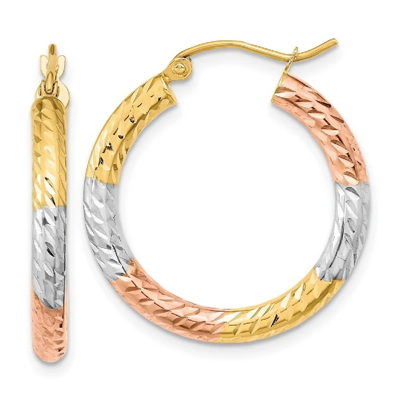 Curata 14k Yellow Gold With White and Rose Rhodium Polished And Sparkle Cut Hoop Earrings