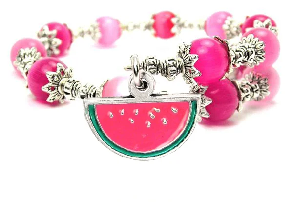 Hand Painted Watermelon Cat's Eye Beaded Wrap Bracelet