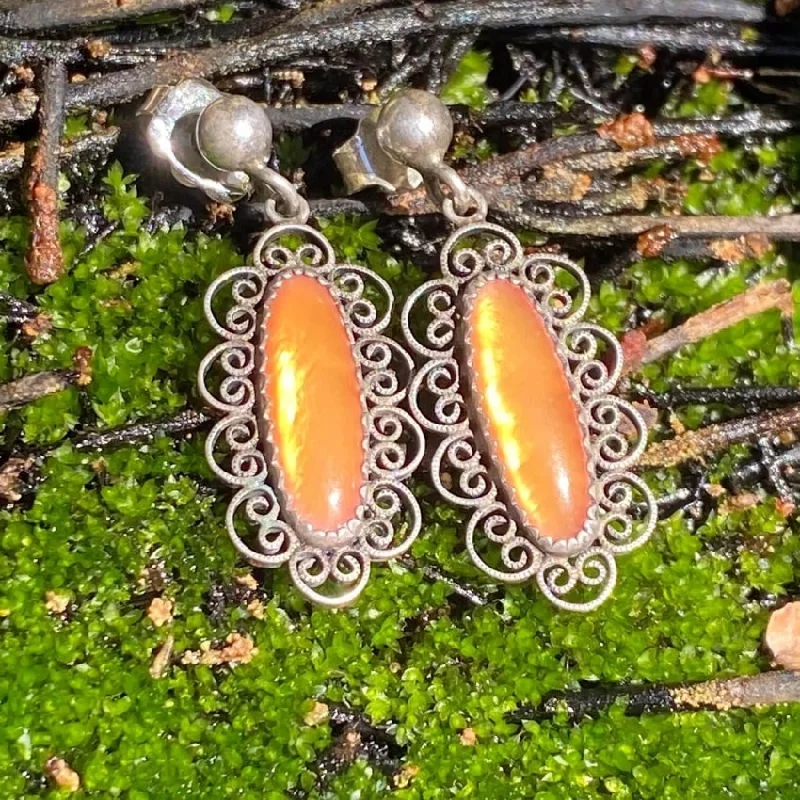 Vintage Sunstone Earrings in Sterling Silver FIligree