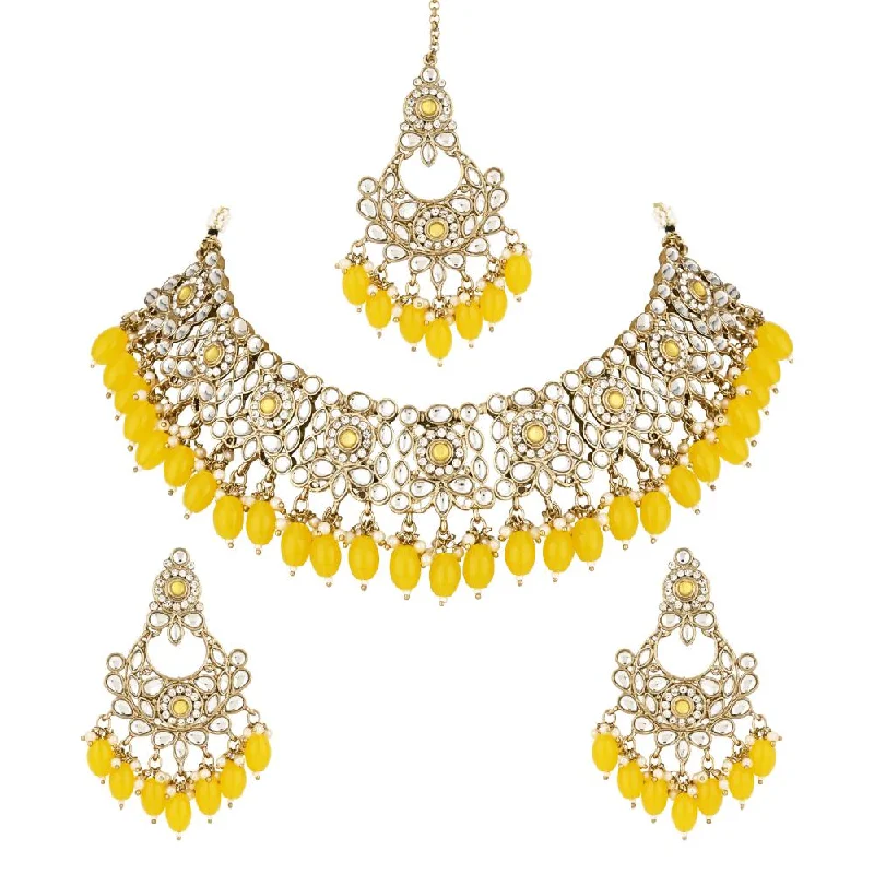 Etnico Gold Plated Traditional Kundan Pearl Drop Bridal Choker Necklace With Chandbali Earrings & Maang Tikka Jewellery Set For Women/Girls (K7256Y)