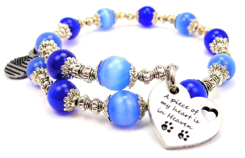 A Piece Of My Heart Is In Heaven With Paw Prints Cat's Eye Beaded Wrap Bracelet