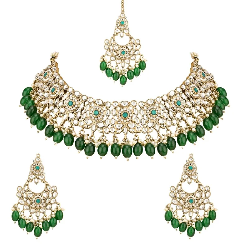 Etnico Gold Plated Traditional Kundan Pearl Drop Bridal Choker Necklace With Chandbali Earrings & Maang Tikka Jewellery Set For Women/Girls (K7256G)