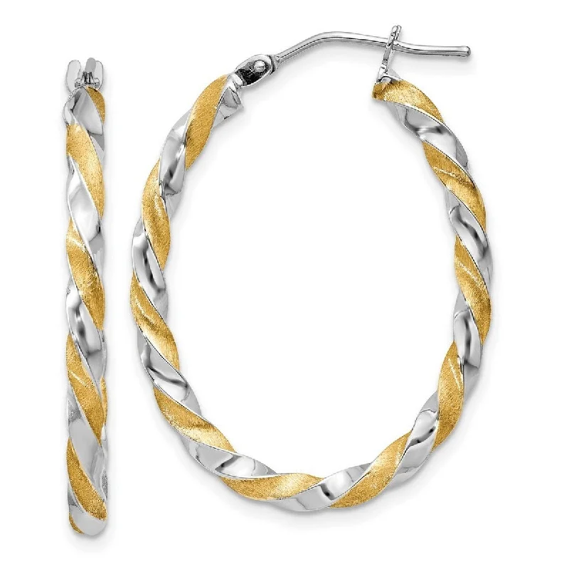 Curata 14k Two-tone Gold and Satin 2x23mm Twisted Oval Hoop Earrings