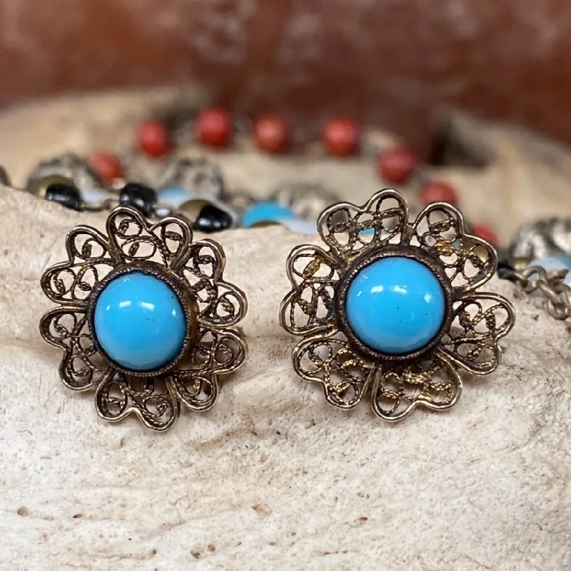 Gold Washed Sterling Silver Filigree Earrings Blue Glass