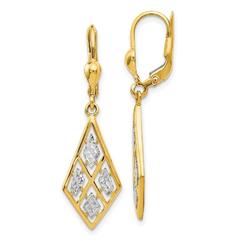 Curata 14k Yellow Gold Rhodium 37x11mm Diamond-shaped Leverback Earrings