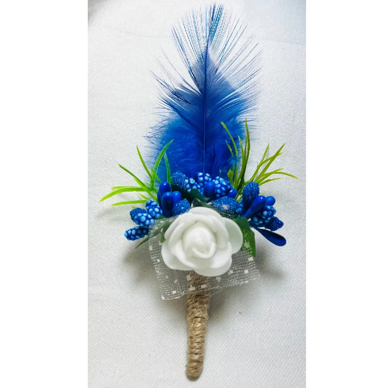 White & Blue Faux Feather Flower Brooch