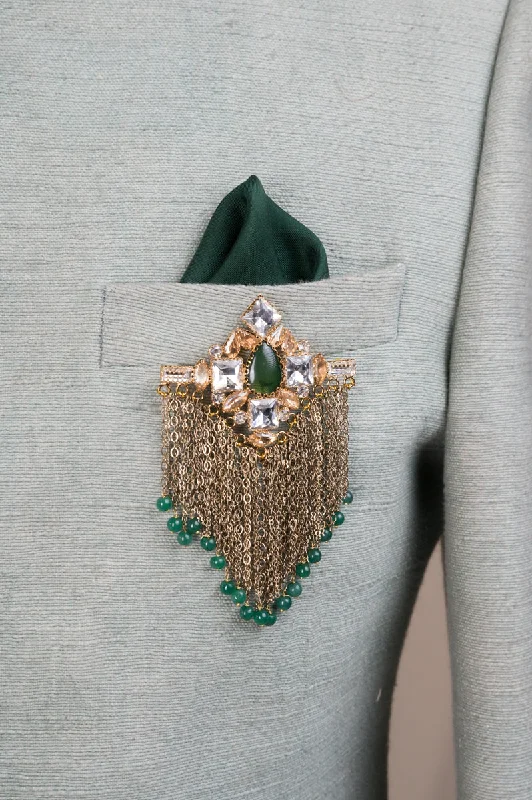 Green Crystal with Metal Chain Drops Brooch