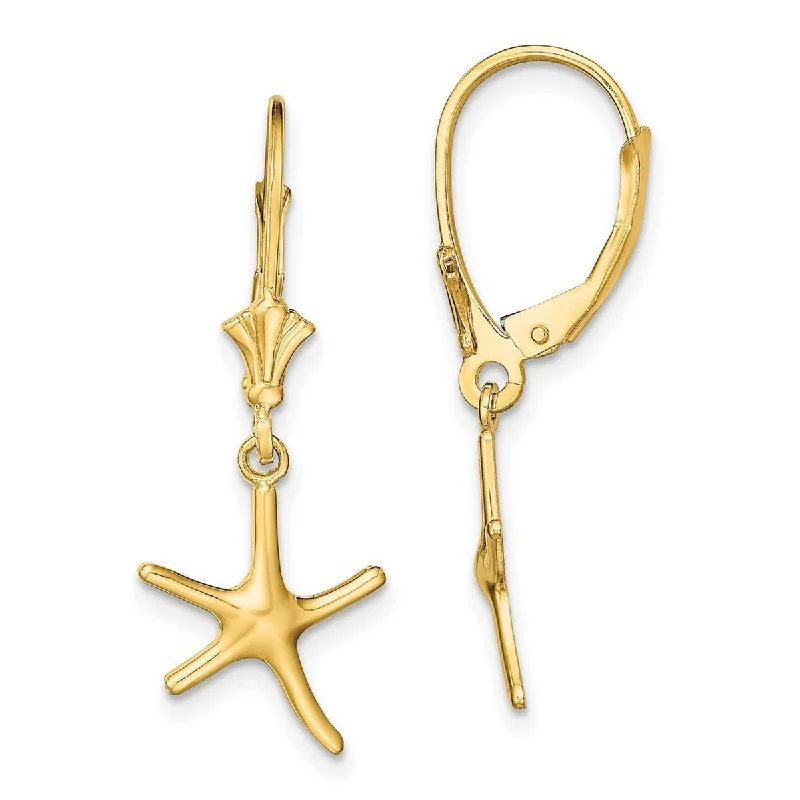 Curata 14k Yellow Gold Mini Dancing Sea shell Nautical Starfish Leverback Earrings 26.5x10.6mm