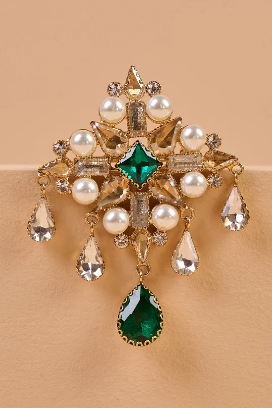 Emerald Brooch With Pearls & Beads