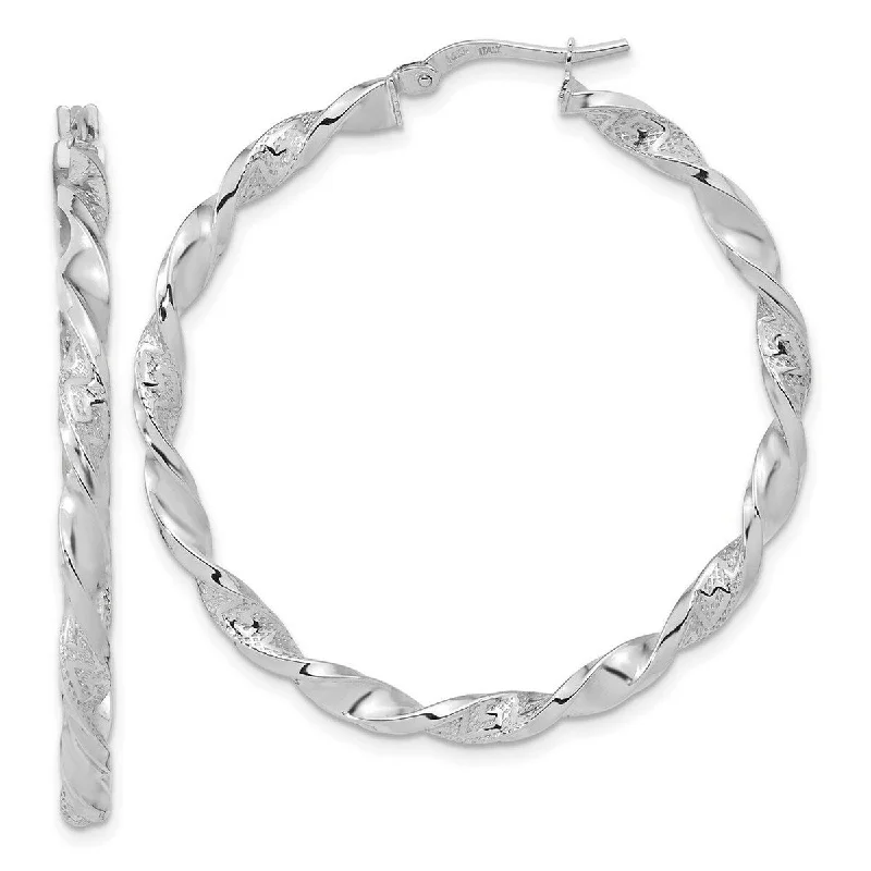 Curata 14k White Gold Polished and Textured 42.5x3mm Twisted Hoop Earrings