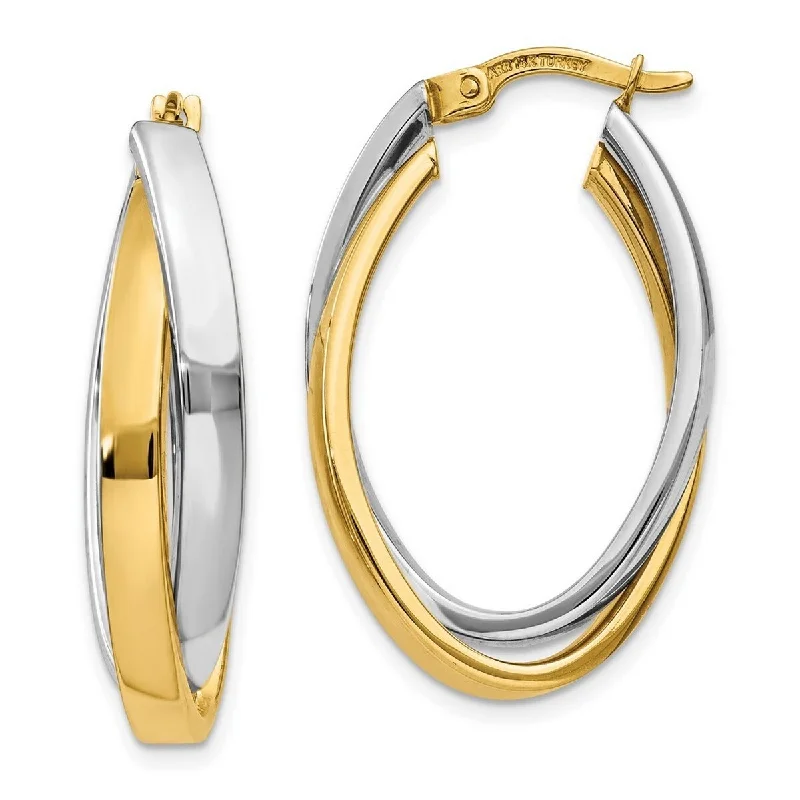 Curata 14K Two Tone Polished Tube Gold Oval Hoop Earrings (7mm x 14mm)