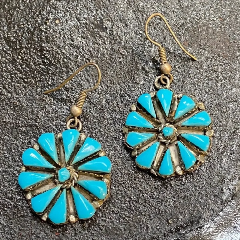 Southwestern Turquoise Medicine Wheel Earrings Sterling