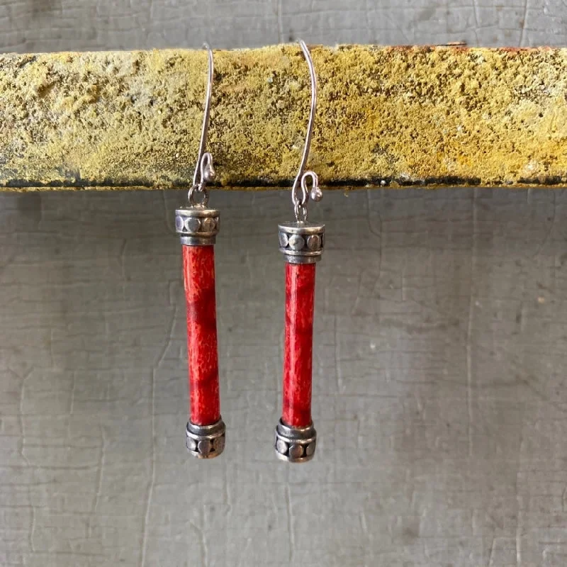 Red Sponge Coral Stick Earrings in Sterling Silver