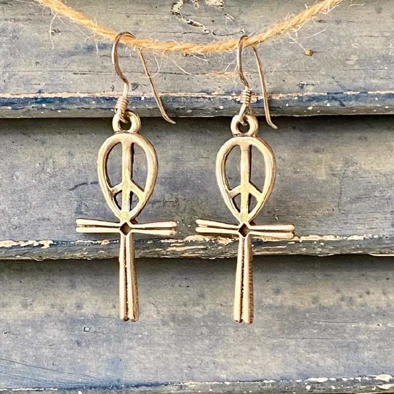 Ankh Cross Peace Sign Sterling Silver Earrings