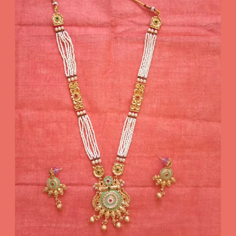 Neetu Art Gold Plated Pota Stone And Pearl Long Necklace Set