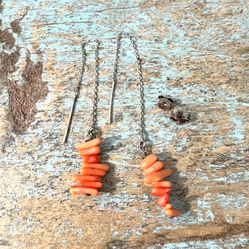 Sterling Silver Branch Coral Pierced Earrings Shoulder Duster