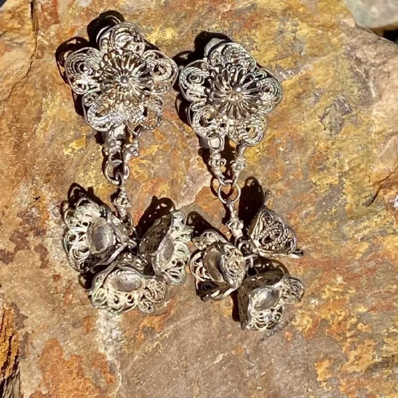 Siam Sterling Silver FIligree Flower Clip on Earrings Vintage