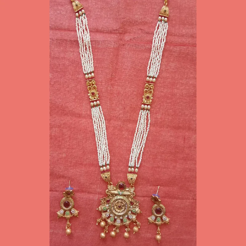 Neetu Art Gold Plated Pota Stone And Pearl Long Necklace Set