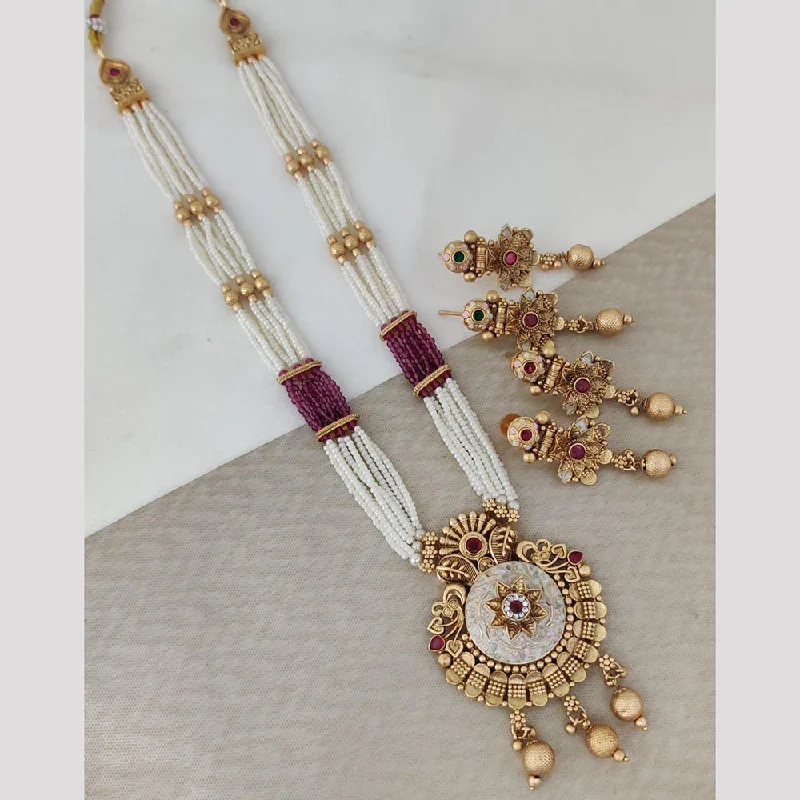 Rani Sati Jewels Gold Plated Pota Stone And Pearl Long Necklace Set