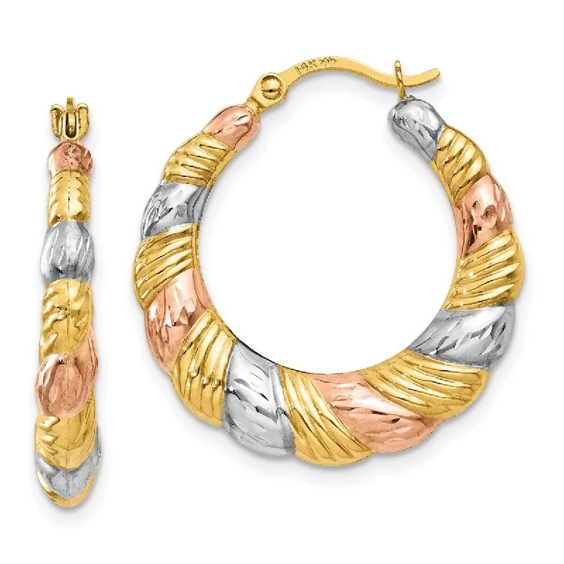 Curata 14k Yellow Gold Textured White And Rose Rhodium 3x23mm Scalloped Hoop Earrings