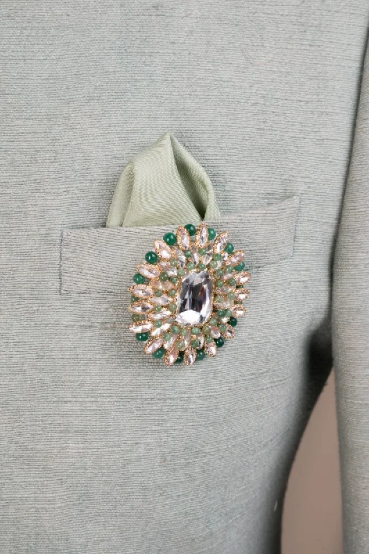 Light Green Oval Shaped Crystal & Stone Brooch