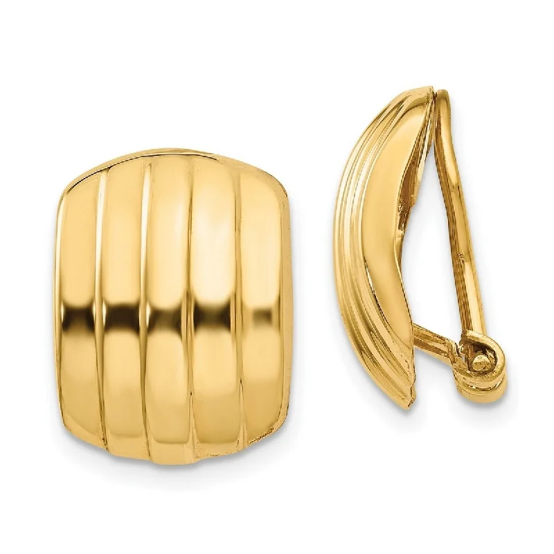 Curata 14k Yellow Gold Open back Polished Ribbed Non Pierced Omega Back Earrings - 17x12mm Wide