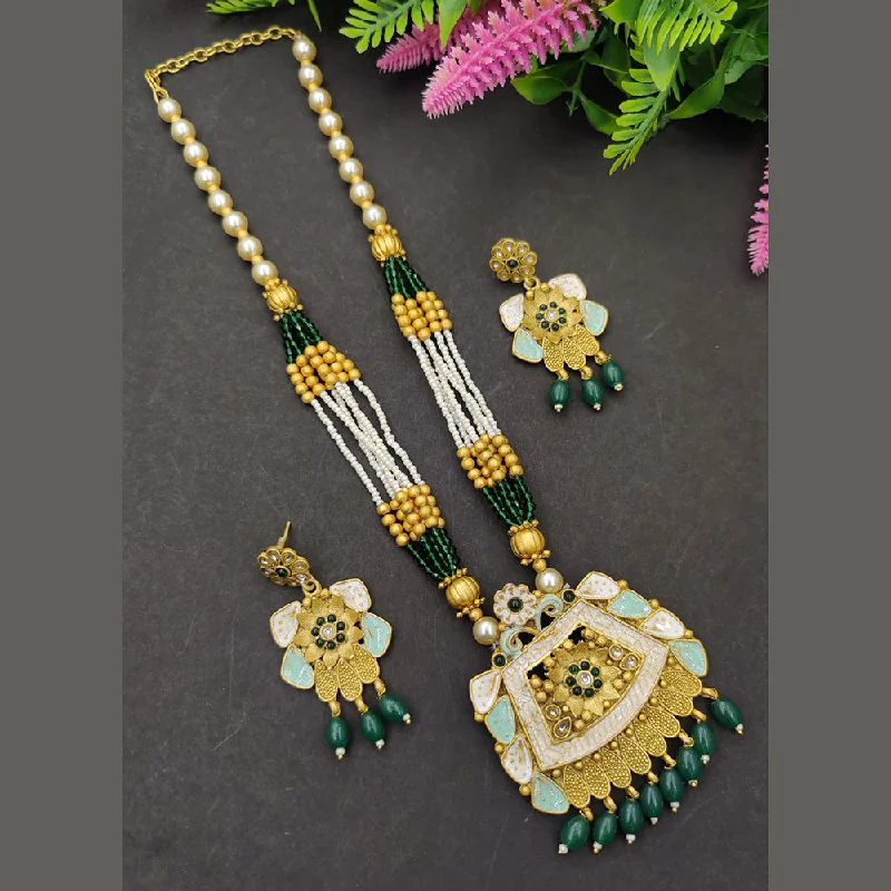 SP Jewellery Gold Plated Pota And Meenakari Long  Necklace Set