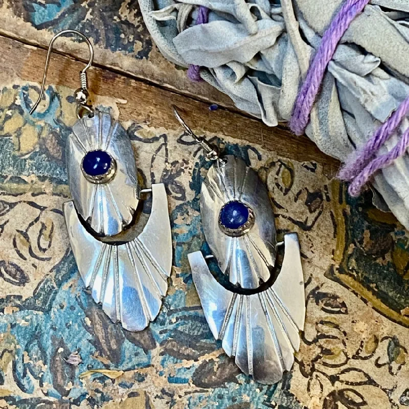 Vintage Southwestern Sterling Silver Fan Earrings Lapis