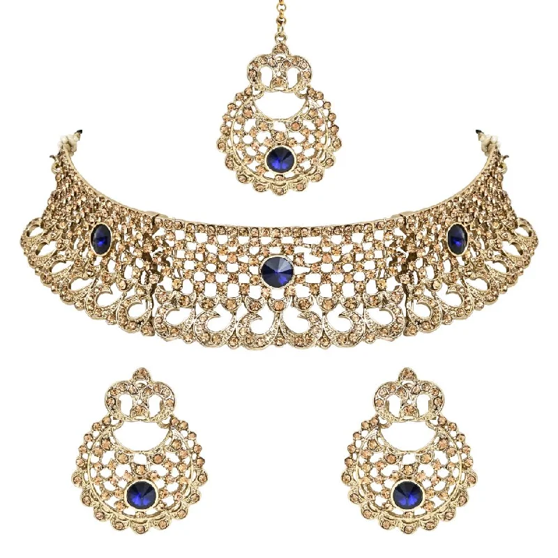 Etnico Gold Plated Traditional Design Stone Work Choker Necklace Jewellery Set With Chandbali Earring & Maang Tikka For Women/Girls (M4171FLBl