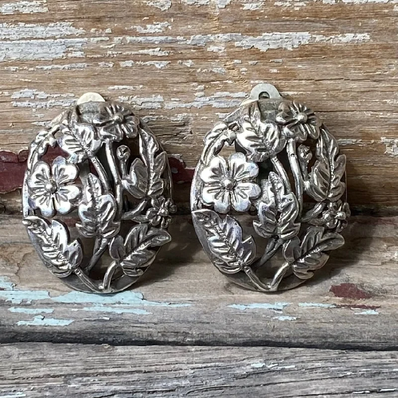 Sterling Silver Floral Garden Earrings Clip On Vintage