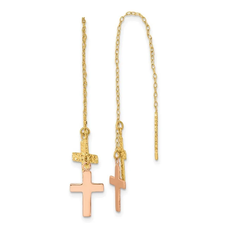 Curata 14k Yellow and Rose Sparkle Cut Polished Religious Faith Crosses Threader Earrings - 63x7mm Wide