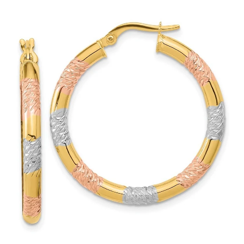 Curata 14k With Rose and White Rhodium Sparkle Cut 3.0x30mm Hoop Earrings