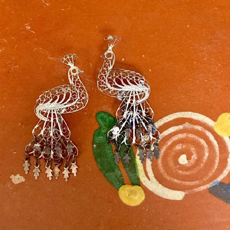 Vintage Silver Filigree Peacock Earrings