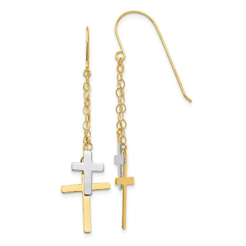 Curata 14k Two-tone Gold 56x12mm Double Cross Chain Dangle Hook Earrings