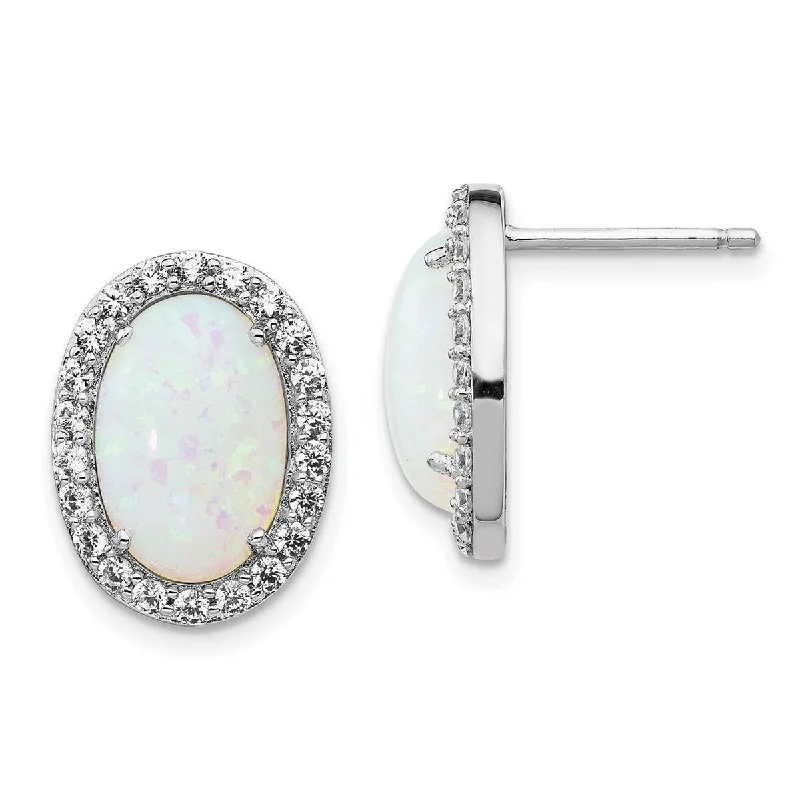 Curata 925 Sterling Silver 15x12mm Cubic Zirconia and Simulated Opal Post Earrings