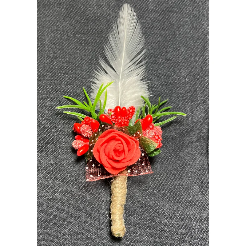 Red & White Faux Feather Flower Brooch