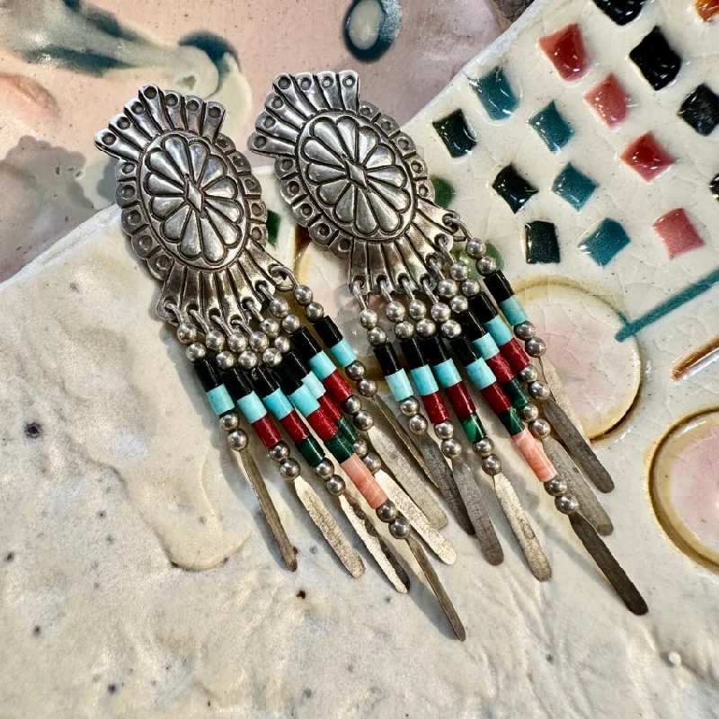 Vintage Southwestern Sterling Silver Concho Heishi Earrings