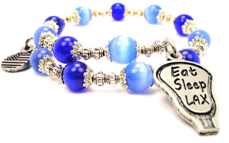 Eat Sleep Lax Cat's Eye Beaded Wrap Bracelet