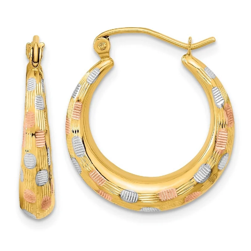 Curata 14k Yellow Gold White and Rose Rhodium Satin And Sparkle Cut Hoop Earrings 22.63x20.55mm