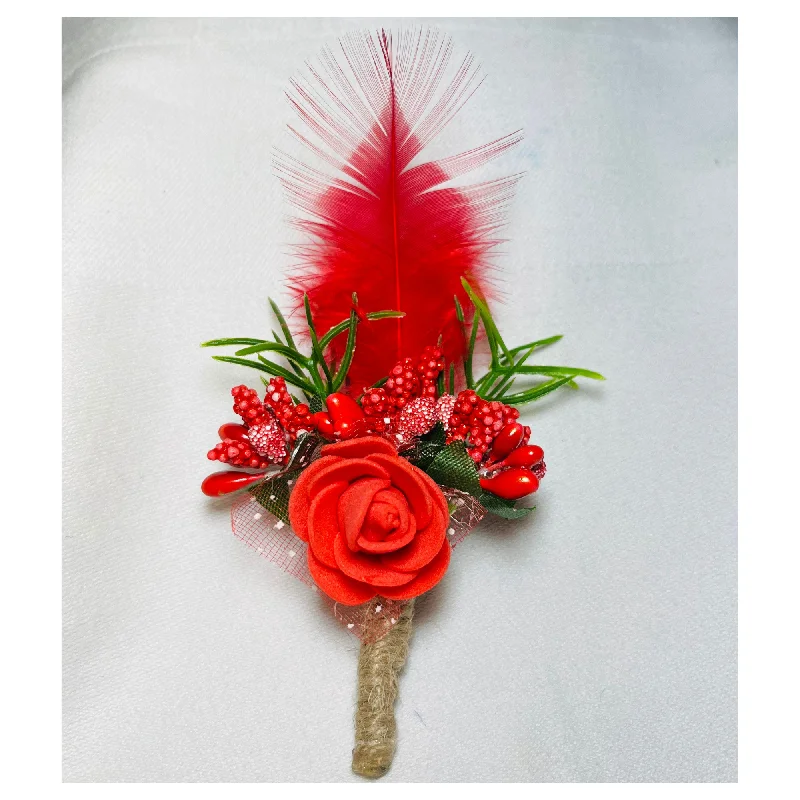 Red Faux Feather Flower Brooch