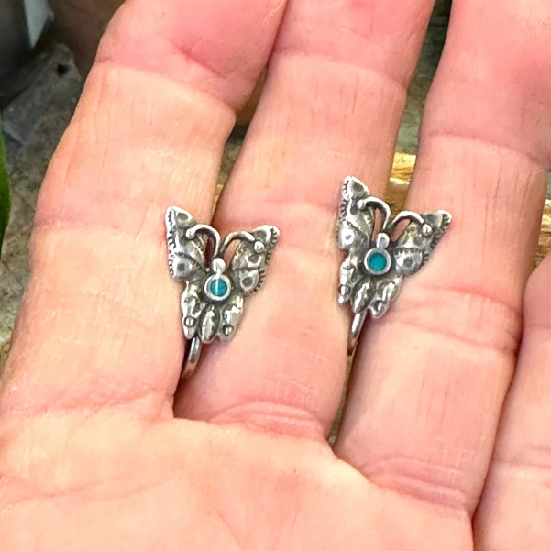 Vintage Sterling Silver & Turquoise Butterfly Earrings Screw Back