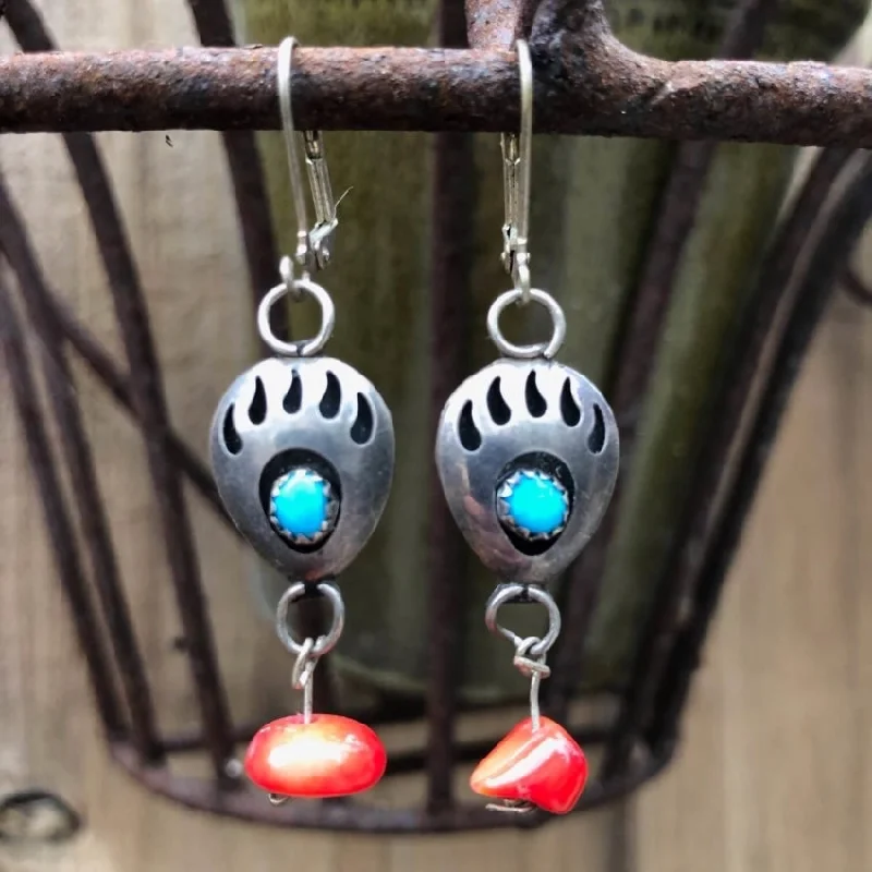 Vintage Turquoise Shadowbox Bear Track Earrings