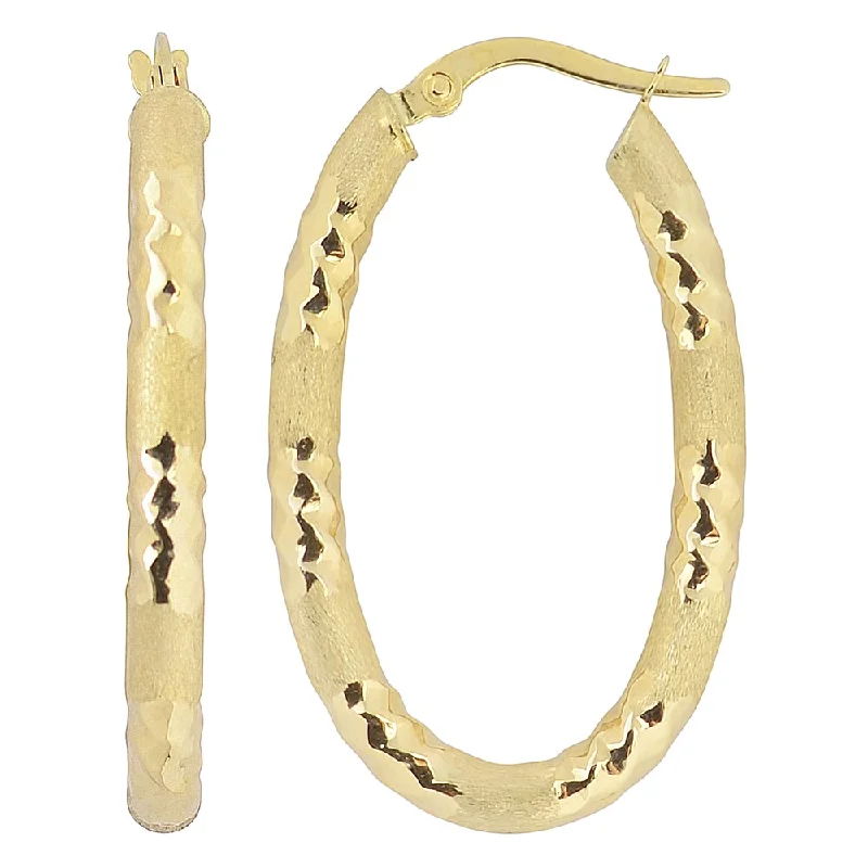 Fremada Italian 14k Yellow Gold Diamond-cut and Satin Finished Oval Hoop Earrings