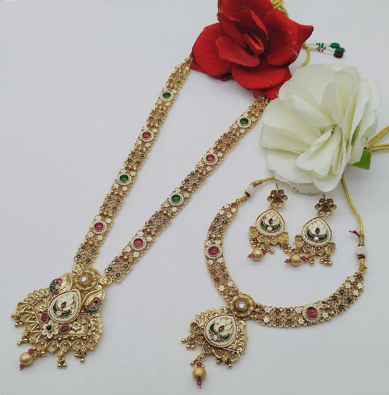 FS Collection Gold Plated Pota Stone Double Meenakari Necklace Set