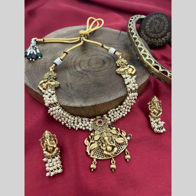 FS Collection Gold Plated Pota Stone And Pearls Lord Ganesha Necklace Set