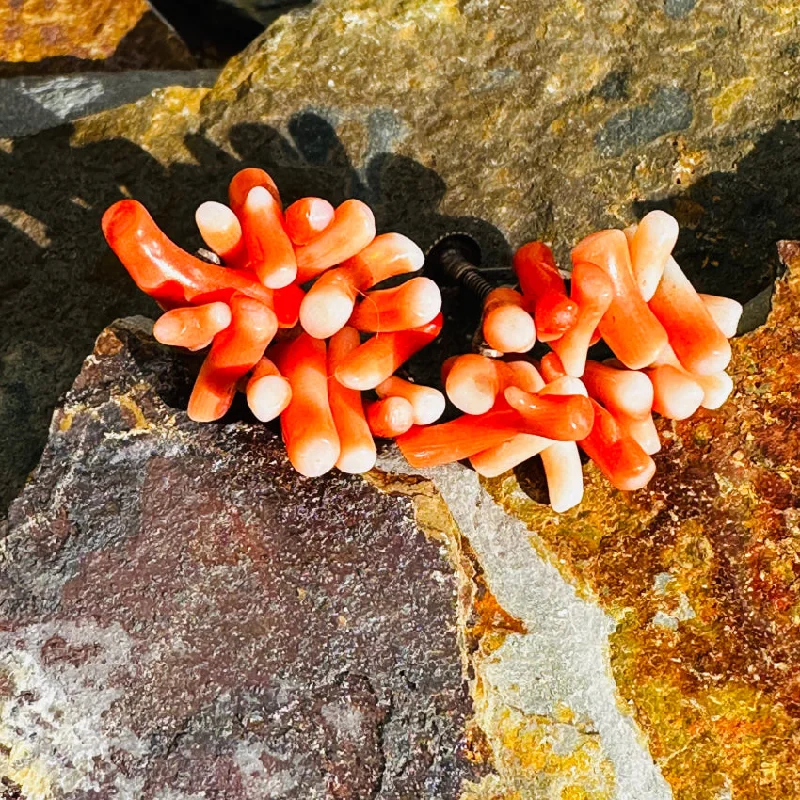 Vintage Japan Sterling Silver & Branch Coral Screw Back Earrings