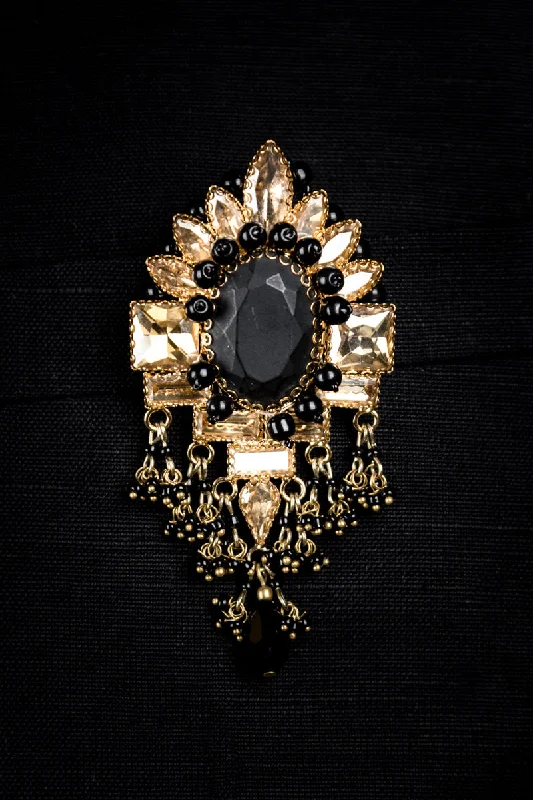 Crystal With Black Stone Brooch