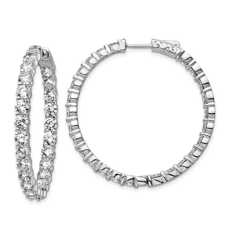 Curata 925 Sterling Silver Polished Safety clasp Rhodium Plated With CZ Cubic Zirconia Hinged Hoop Earrings