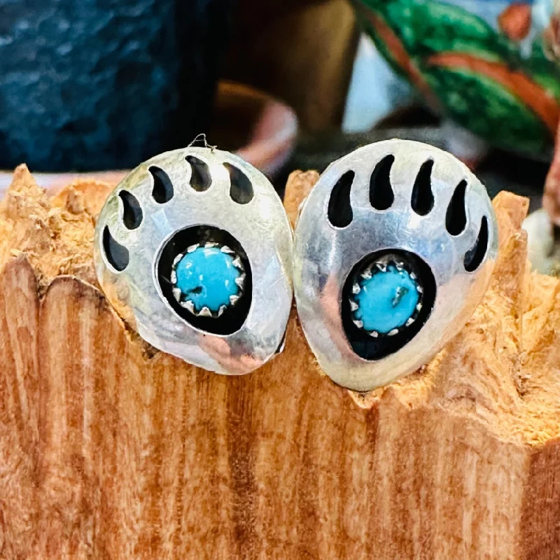 Vintage Sterling Silver Bear Track Turquoise Stud Pierced Earrings