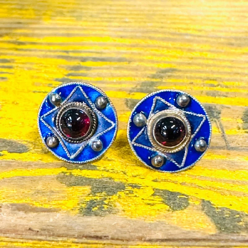 Vintage Garnet & Blue Enamel Pierced Post Earrings